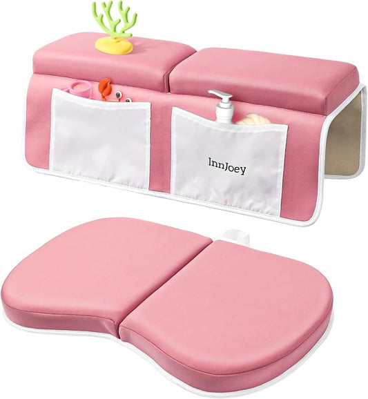 Odor-Free Baby Bath Kneeler and Elbow Rest Pad Set, 1.6'' Thick, Quickly Dry, Bathtub Kneeler Pad with Baby Toys & Bath Accessories Storage, Bath Kneeling Pad and Elbow Pad for Baby Tub(Pink)