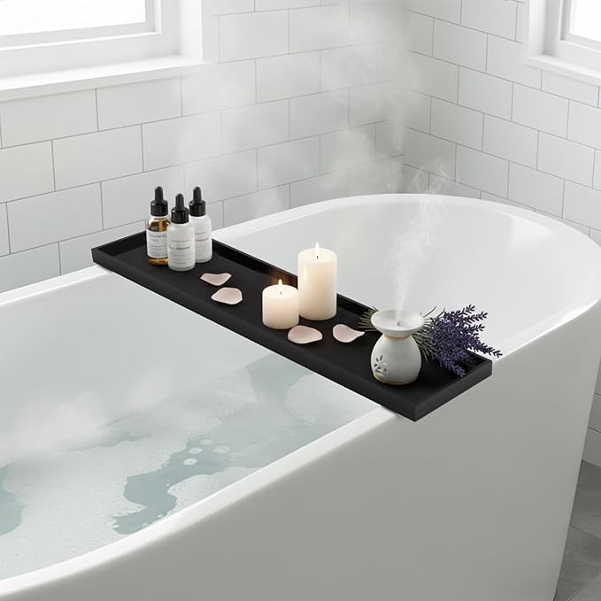Acrylic Bathtub Tray Caddy, 29.9 x 7.87 Inch, with Wine Glass Holder, Waterproof, 66 lbs Capacity, Spa Bath Shelf (Pure Black)