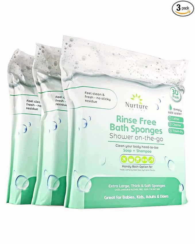 Nurture Valley Sponge Bath Wipes - Large Disposable Wash Cloths for Adults, Seniors, Bedridden, Home Care | Post Surgery Cleansing, Elderly or Disabled Patients | No Rinse Camping Travel Essentials