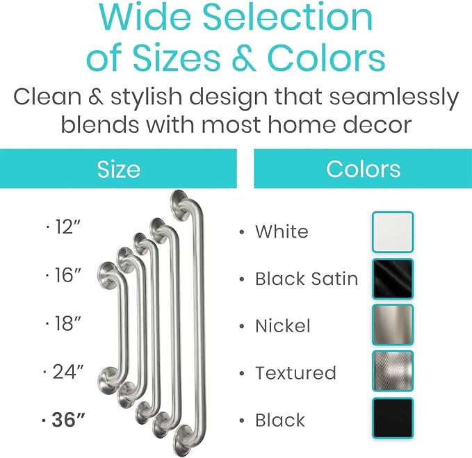 Vive Textured Shower Bars for Elderly | Metal Bathroom Safety Rail, Anti-Slip Shower Handle, Stainless Steel Wall Handrail, Heavy Duty Handicap Support, 440 lb