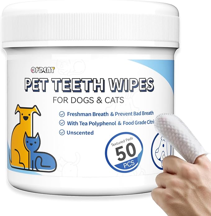 No-Rinse Dog Teeth Cleaning Wipes - Cat & Dog Fresh Breath Pet Dental Finger Wipes, Dog Toothbrush Dental Wipes to Easy Remove Plaque & Tartar, Gently Cleans Discharge (50 pcs, Unscented)