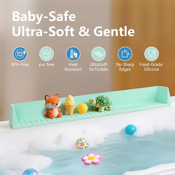 31.5" Bathtub Splash Guard for Tub Kids, Silicone Splash Shield with 11 Suction Cups, Toy Tray Shelf, No Spill Water Barrier, Prevents Mess, Fun Bathtime for Toddlers Baby–Green