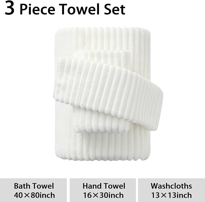 3 Piece Bath Towel Set, 40"x80"Microfibers Bath Sheets,White | 1Bath towels 1Hand towels 1Washcloths，Extra-large size，Big and Tall users，Quick dry，Highly Absorbent，Spa Gym
