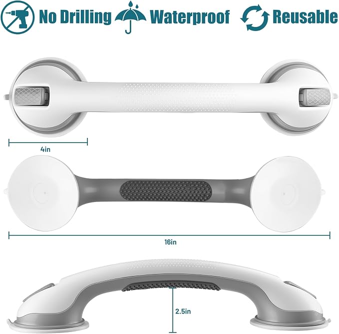 Shower Handles for Elderly Suction, Shower Grab Bar, Suction Grab Bars for Shower 2 Pack 16 Inch, Bathroom Grab Bars for Seniors, Shower Grab Bars Suction Heavy Duty, Waterproof No Drilling
