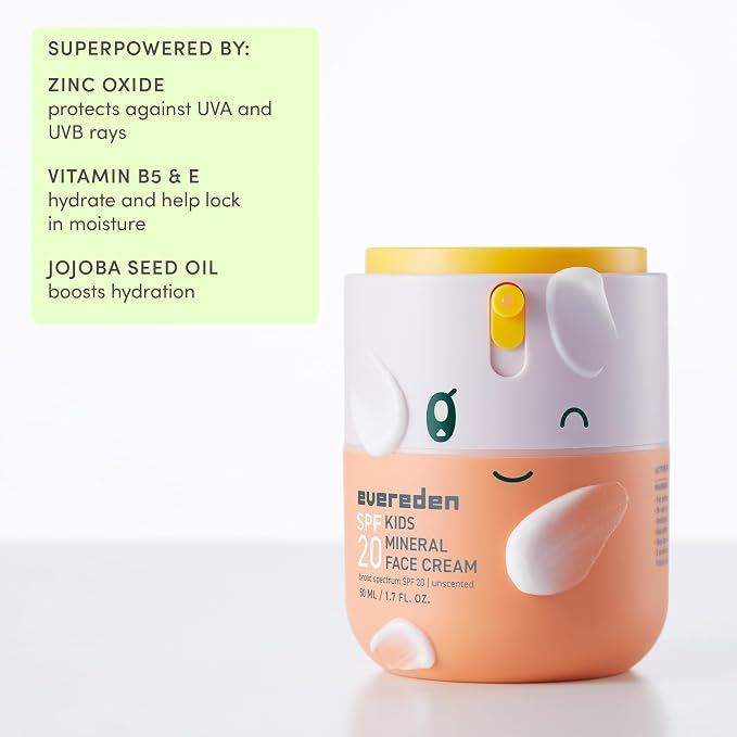 Evereden Kids Mineral Face Cream SPF 20 | Dermatologist-Tested, Moisturizer with Vitamin B5 & Zinc Oxide | Fragrance-Free, Clean, Vegan, No Phenoxyethanol | FSA Eligible, Yuka 93/100