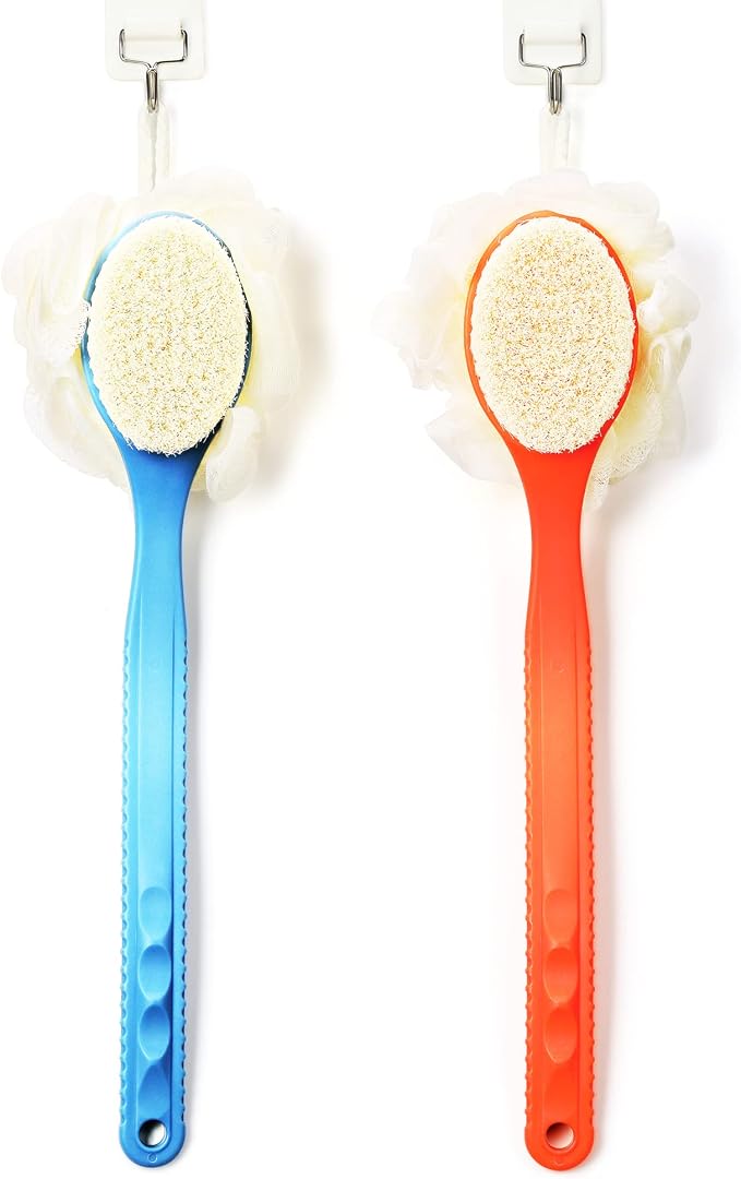 Shower Body Brush with Bristles and Loofah,Back Scrubber Bath Mesh Sponge with Curved Long Handle for Skin Exfoliating Bath, Massage Bristles Suitable for Wet or Dry, Men and Women (Black)