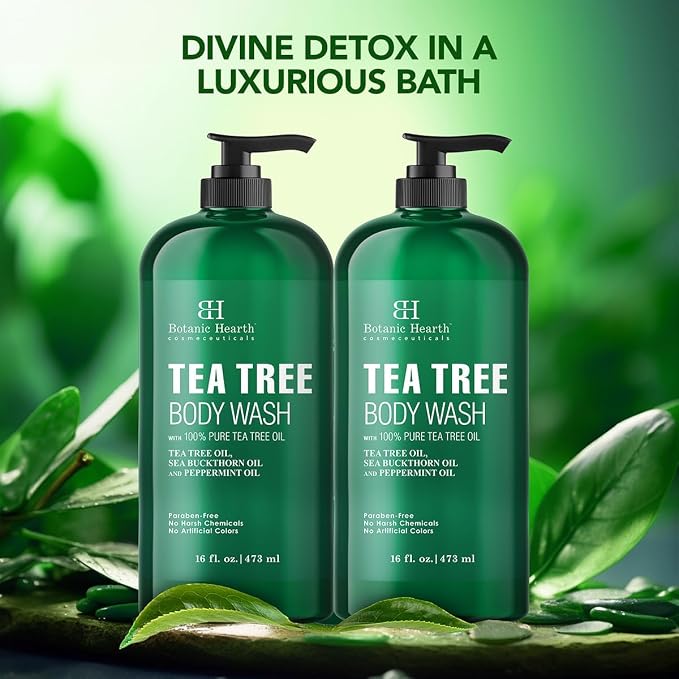 Botanic Hearth Tea Tree Body Wash, 16 Fl Oz (473 ml) Pack of 2 | With Tea Tree Oil, Peppermint & Sea Buckthorn | Gently Cleanses, Refreshes & Nourishes Skin | Sulfate & Paraben Free | For Men & Women