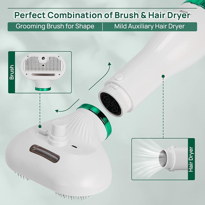 iPettie Pet Hair Dryer 2 Pro with Slicker Brush, Moisturize Dry Hair, 3 Heat Settings, Multifunctional Portable Handheld Pet Dryer, Dog Hair Dryer, Cat Dryer for Medium/Small Pet White