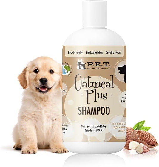 P.E.T. Oatmeal Plus Vanilla Almond Shampoo for Dogs & Cats — Ideal for Pets with Seasonal Allergies — Sulfate-Free, pH-Balanced, Hypoallergenic — 16 oz