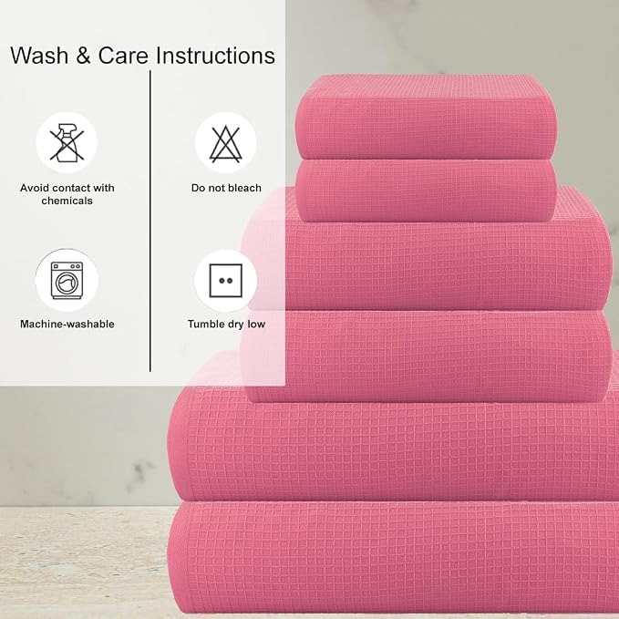 CASA COPENHAGEN Waffle 6Pcs 100% Egyptian Cotton Large Designer Towels Gift Set- Pink, 2Bath 2Hand 2Washcloths, Bath Towels for Bathroom (Box Pack, Set for Women & Men)