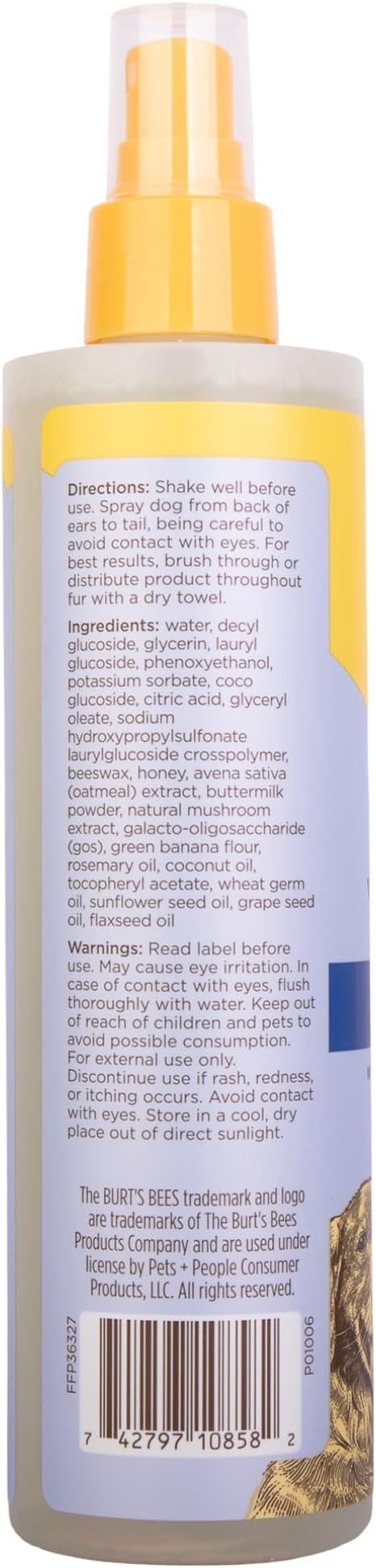 Burt's Bees for Pets Waterless Bath Spray for Dogs, Prebiotics Collection with Mushroom Extract & Honey, Naturally Derived Dog Grooming Spray, 10oz