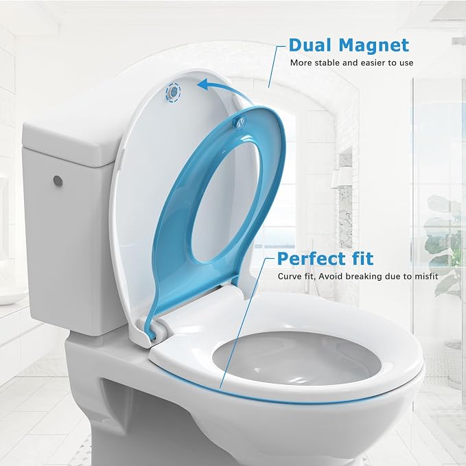 Toilet Seat Cover,Toddler Toilet Seat Round for Kids Potty Training, Soft-Close Design with PP Material, Built-In Child Seat for Toddlers, Easy to Clean and Install - Blue Lid