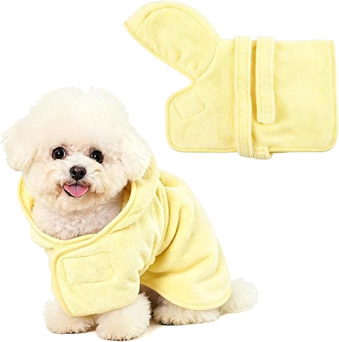Dog Bathrobe Towel with Hood Super Absorbent Pet Bath Robe for Small Medium Dogs Quick Drying Doggy Bath Towel Coat with Adjustable Waistband Soft Pet Grooming Robe (Yellow, L(up to 22lbs))
