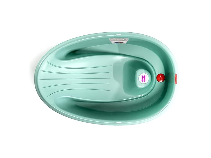 BEABA by OKBaby, Onda Baby Bath, Ergonomic Multi-Position tub for Infants and Babies up to 12 Months, Integrated Water Thermometer, Made in Italy, Turquoise