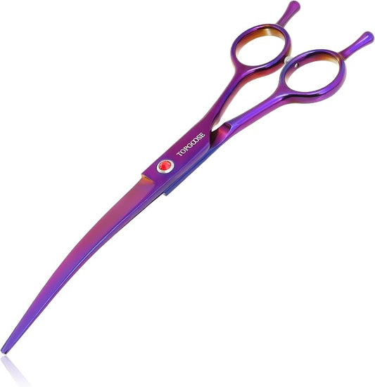 7.5" Dog Grooming Scissor - Professional Down-curved Shear with Ergonomic Handle Japanese Stainless Steel Hair Scissor for Dogs, Cats and Other Pets, Sharp (Curved, Purple)