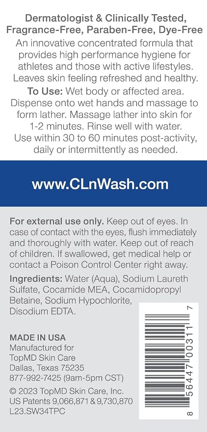 CLn® SportWash – High-Performance Sport Body Wash, For Men & Women Prone to Body Odor, Foot Odor, Ringworm, Folliculitis, & Back Acne, Fragrance-Free & Paraben-Free, 3.4 fl. oz.