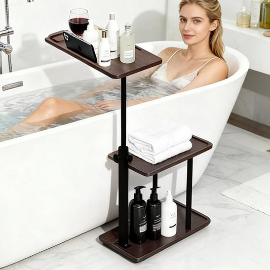 3 Layer Bathtub Tray Table,Bamboo Swivel Bathtub Side Table Height Adjustable,Freestanding Bathtub Tray for Tub Against Wall,Bathtub Accessories&Bathroom Organizer for Luxury Home Spa (Brown1)