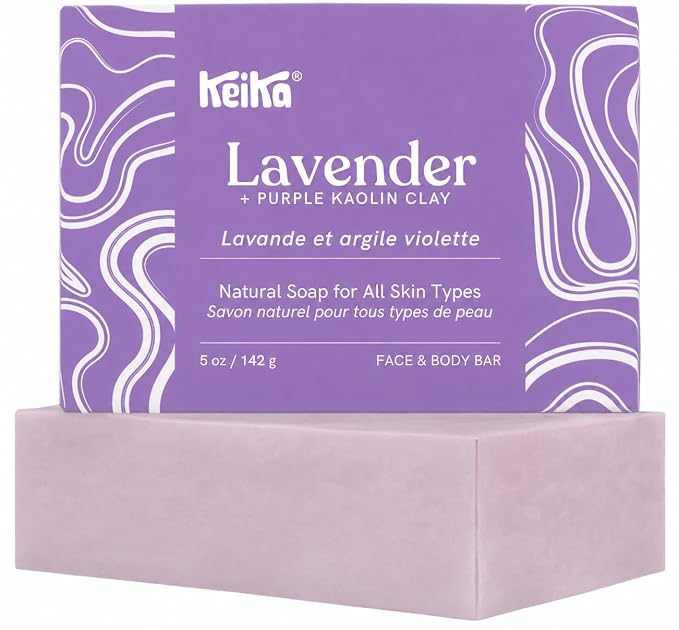 Keika Lavender Soap Bar with Purple Kaolin Clay for Face & Body, Natural Relaxing Spa Bath & Shower Cleanser, 5 oz.