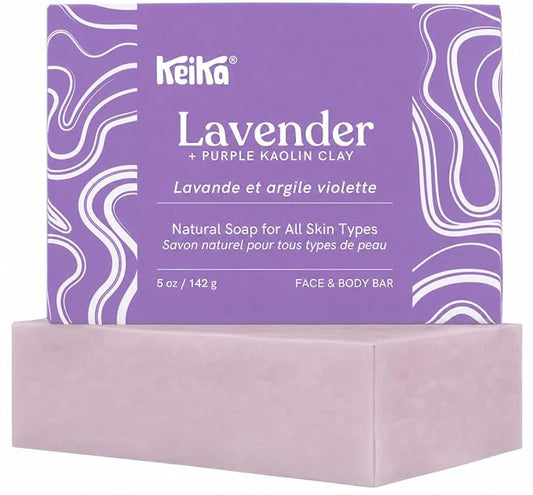 Keika Lavender Soap Bar with Purple Kaolin Clay for Face & Body, Natural Relaxing Spa Bath & Shower Cleanser, 5 oz.