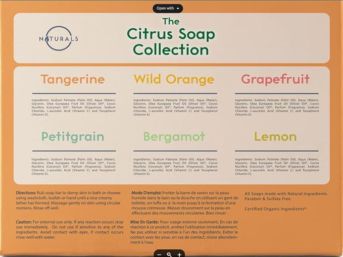 O NATURALS 100% Natural Bar Soap - Gift Set - Organic Ingredients & Essential Oils - Spa Gifts for Women & Men, Body Wash & Face - 6PC Citrus Soap Collection