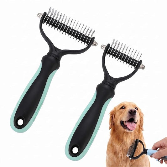 Double-Sided Pet Grooming Brush, Pro Tool For Dogs Shedding Stainless Steel Dual Tooth Undercoat Rake Detangling Comb Ergonomic Pet Grooming Brush (Green, 2PCS)