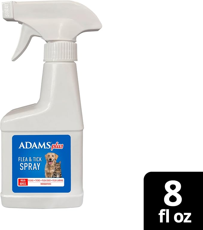 ADAMS Plus Flea and Tick Spray for Dogs & Cats, Kills Fleas and Ticks, Repels Mosquitoes, Prevents Infestations up to 2 Months, Treatment for Dogs, Cats, Puppies & Kittens, 8 Fl Oz