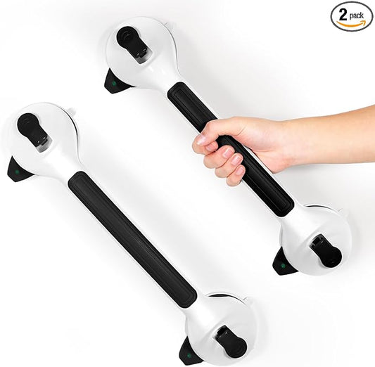 MCDEX Grab Bars for Shower, 2 Pack Shower Handle for Elderly (Black White) | Safety Signal Indicators, Strong Suction Cup, Easy Installation, No Drill, Removable, Anti-Slip, Waterproof