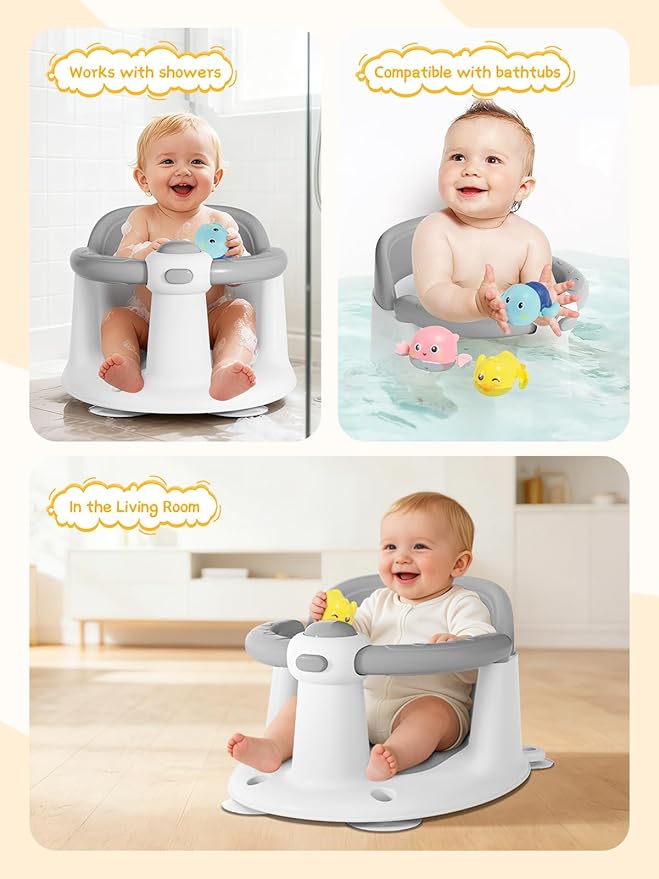 Baby Bath Seat for Babies 6 Months & Up - Bathtub Seats for Babies with 3 Baby Bath Toys, Non-Slip, Comfortable, Infant Bath Essentials-Grey