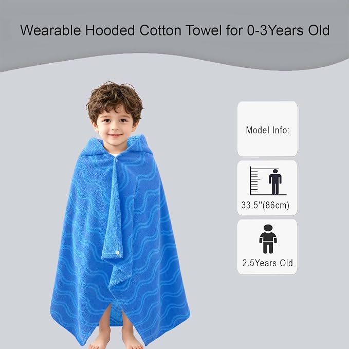 VOOVA & MOVAS Toddler Beach Towel with Hood, (0-3Years,40"X25"),Made from 100% Soft Cotton,Absorbent Hooded Towel Wrap for Baby Boy,Perfect for Pool | Swimming | Bath | Beach,Jacquard Blue Wave