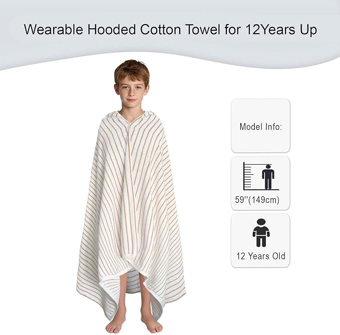 VOOVA & MOVAS Hooded Bath Towels for Teens/Big Kids (12Years Up) | Soft Absorbent 100% Cotton Thick Towel Wrap | Versatile Beach, Pool, Swim & Bath Cover-Up | White Brown