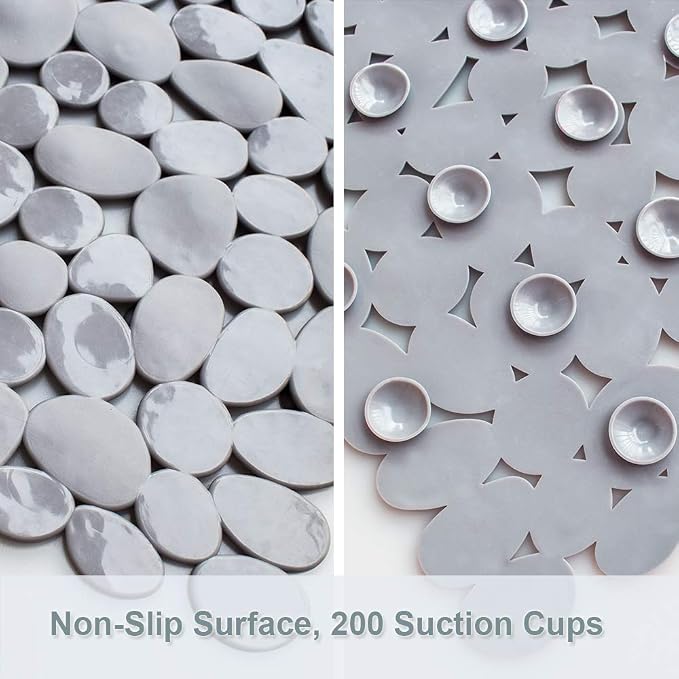 SONGZIMING Pebble Bath Mat 35x16 Inches for Bathtub to Non Slip in Shower with Drain Holes, Suction Cups (Grey)