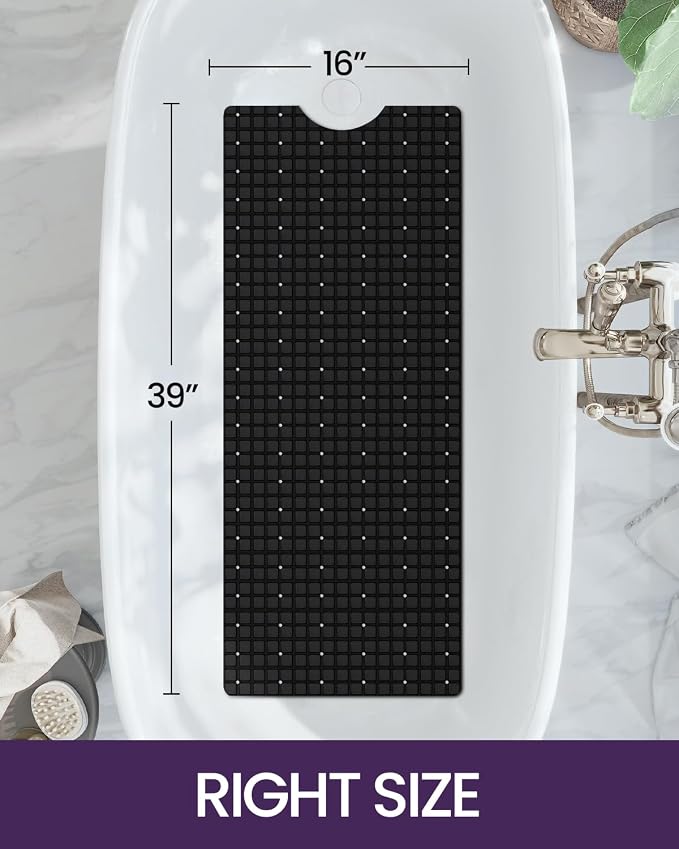 DEXI Bathtub Mat Non Slip, Extra Long 39x16, Suction Cups, Drain Holes, Machine Washable for Tub Shower Floor, Black