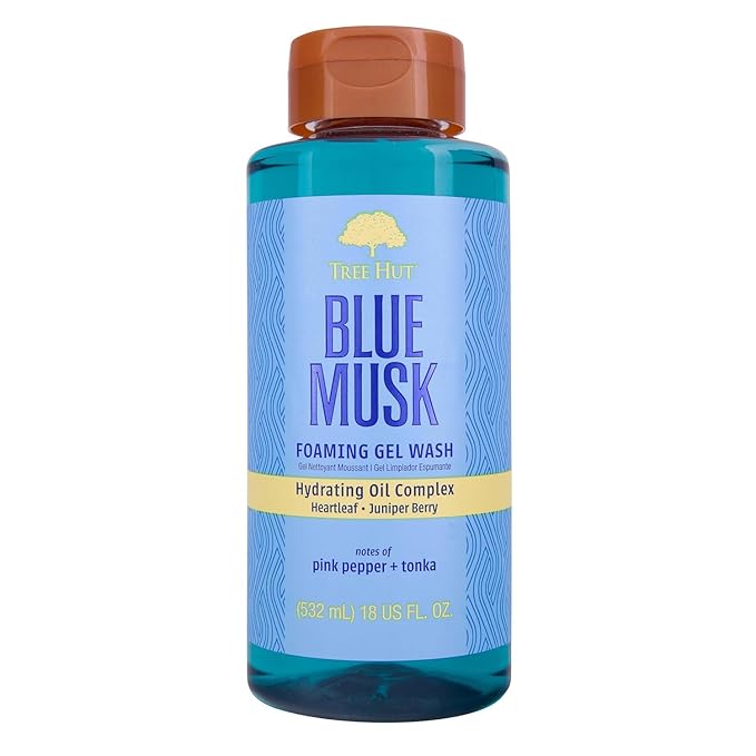 Tree Hut Blue Musk Body Wash, Hydrating & Moisturizing Shower Gel with Shea Butter & Essential Oils, Soft Smooth Glowing Skin, Gentle Cleanser For All Skin Types, Self Care Gifts for Women, 18 Fl Oz