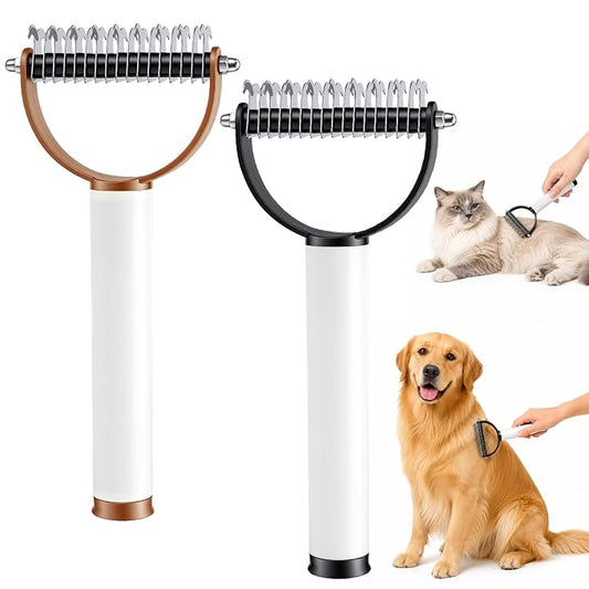 Pet Grooming Brush, Double Sided Dematting Comb for Cats＆Dogs, Undercoat Rake Pet Brush for Long Hair, Deshedding Grooming Tool, Gentle Matt Remover Detangler for Long Thick Haired Pets(Black+Brown)