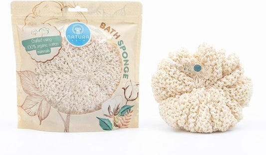 Organic Bath Sponge/Natura Bath Organic Cotton Bath Sponge – Ultra Soft Natural Body Sponge for Shower, Gentle Exfoliating Bath Sponge for Sensitive Skin, Reusable Eco-Friendly Shower Sponge