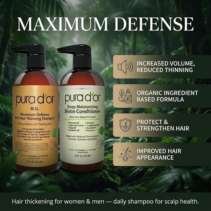PURA D'OR MD Anti-Thinning Biotin Shampoo & Hair Regrowth Conditioner Set, Maximum Defense Herbal Blend Hair Thickening Products For Women & Men, For Scalp Health, Strong Coal-Tar Scented, 16oz x2