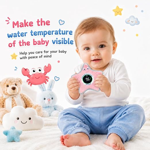 Baby Bathtub Thermometer with LED Display Screen+Pink Starfish toy-2-in-1 | Color Coded Alarm (Cold/Comfortable/hot) Bath Temperature Monitor, Adorable Floating Toys for Infants, Essential for Babies