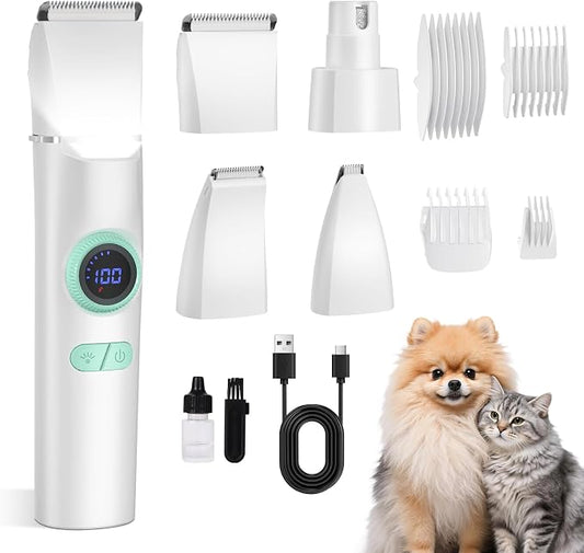 TBTeek Dog Grooming Clippers Kit Cordless Dog Trimmer for Small Dog Pet | with LED Light,10-Level Speed, 5-in-1, Low Noise, Rechargeable Dog Paw Trimmer Nail Clippers for Thick Hair Toenail