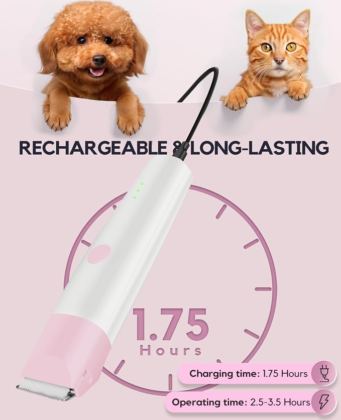 4 in 1 Rechargeable Dog Clippers Grooming Kit with 2 Speeds and Low Noise | Quiet Cordless Dog Hair Trimmer for Paw Nail Grinder, Cat Grooming Clippers for Trimming Hair on Paw Eye Ear Face (Pink)