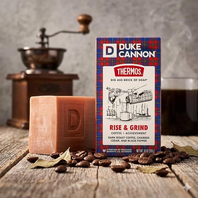 Duke Cannon Supply Co. x THERMOS Rise & Grind Big Brick of Soap for Men - 10 oz - Coffee + Achievement Scent - Triple-Milled Men's Bar Soap - Deep-Cleansing Bath Bar