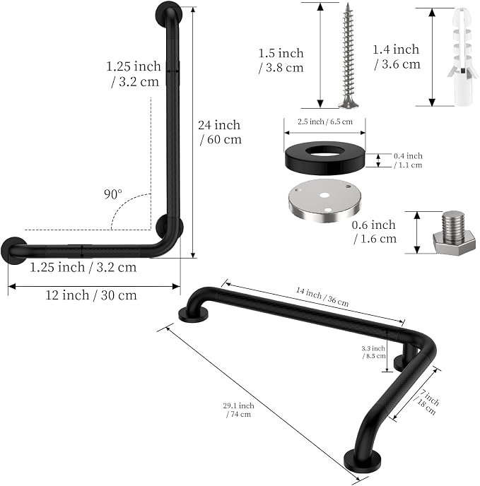 Matte Black Angled Grab Bar 16x24 Inch, iHansee Bathroom Safety Bar w/Anti-Slip Knurled Grip, Wall Mount L Shaped Shower Handle for Elderly Senior Handicap, Toilet Bathtub Balance Support Handrail