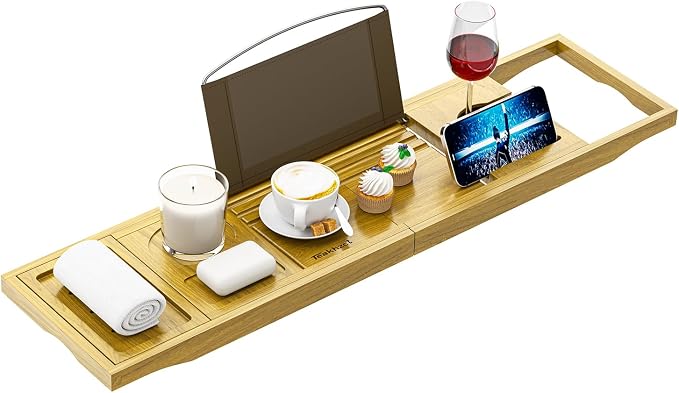 Bath Accessories - Cup Holders - Bathtub Tray Caddy - Bath Tray Expandable - Bath Tub Table Tray Caddy - Bamboo Bath Tray for Tub