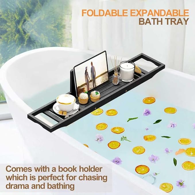 Bathtub Tray Caddy Black - Bath Tray Black - Bath Tub Table Tray Caddy - Bamboo Bath Tray for Tub