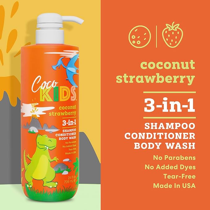 Cocomagic Cocokids 3-in-1 Kids Shampoo + Conditioner + Body Wash | Gentle, Hair & Body Cleanser Tear-Free | No Parabens, For All Skin Types, – Coconut Strawberry, 24 Fl Oz