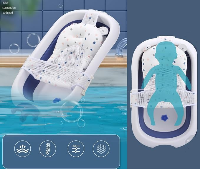 Baby Flotation Bath Cushion Infant Bath Seat Support Net Newborn Bathtub Mesh Pad with Pillow Baby Shower Lie Seat Toddler Bathing Shower Breathable Mat for 0-24 Months