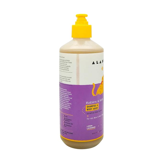 Alaffia Babies and Kids Shampoo and Body Wash, Gentle and Calming Support for Soft Hair and Skin with Shea Butter, Neem, and Coconut Oil, Fair Trade, Lemon Lavender, 16 Fl Oz