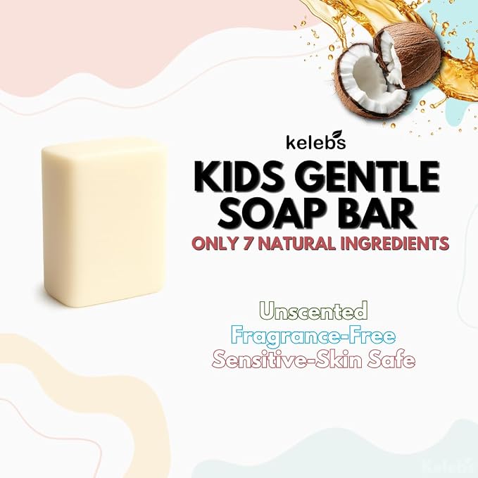 KELEBS Unscented Kids Soap Bar 7-Pack – Organic & Gentle Trio Oil Body Wash for Children – Soothes Dry & Delicate Skin – Only 7 Natural Ingredients