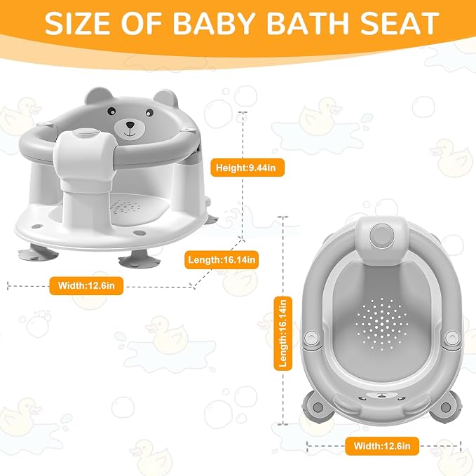 Baby Bath Seat for Babies 5-10 Months, Non-Slip Toddler Bath Seats for Babies Sitting Up, Safe Infant & Newborn Bathtub Chair with 4 Suction Cups & Soft Cushion for Shower,Gray