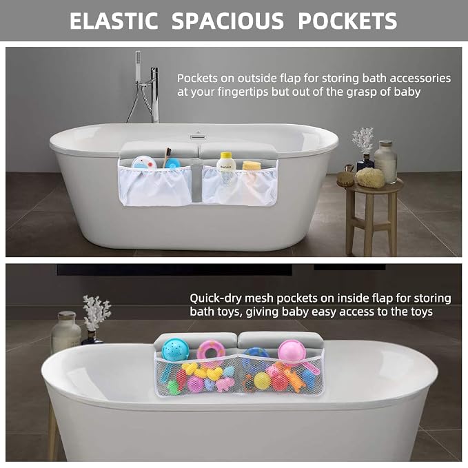 Bath Kneeler and Elbow Rest Pad Set for Baby Bathtub, Thick Non-Slip Bathing Kneeling Mat Cushion Quick Drying Bathtub Knee Saver with Arm Support and Pockets for Bathroom Bathing time Comfort, Gray