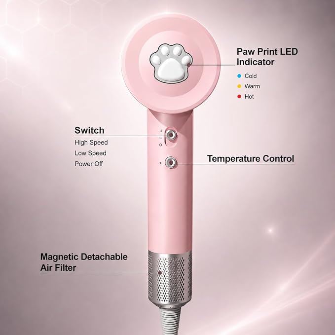 High Speed Hair Dryer with Magnetic Nozzle, Smart Hot & Cold Cycle Ionic Blow Dryer, Low Noise Lightweight Travel Pink Hairdryer, 105K RPM Brushless Motor for Fast Drying